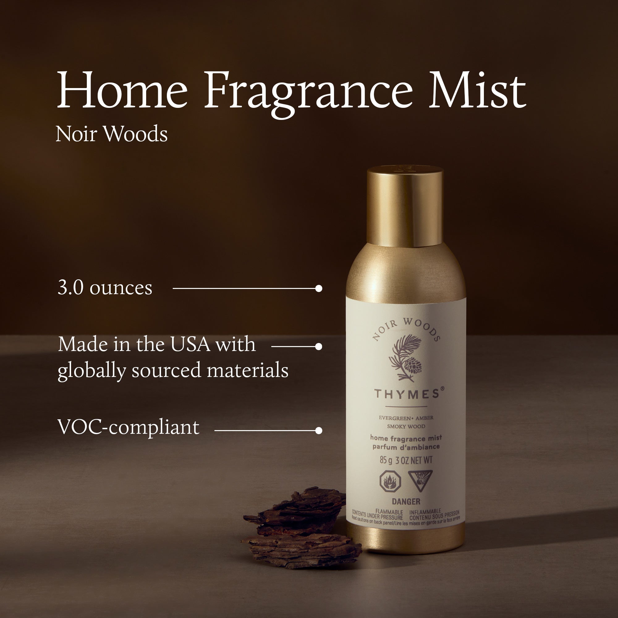 Thymes Home Fragrance Mist bottle with label on a brown background