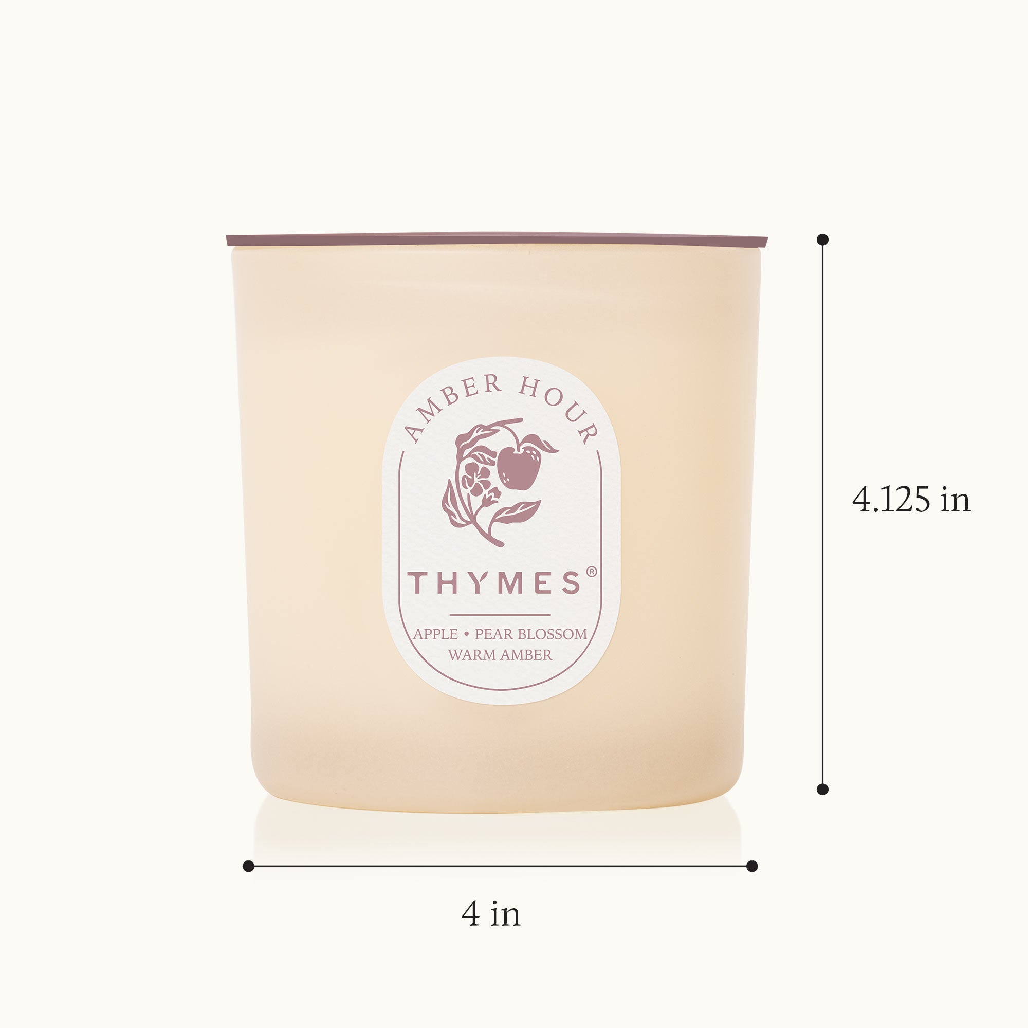 Thymes candle with dimensions labeled on a white background