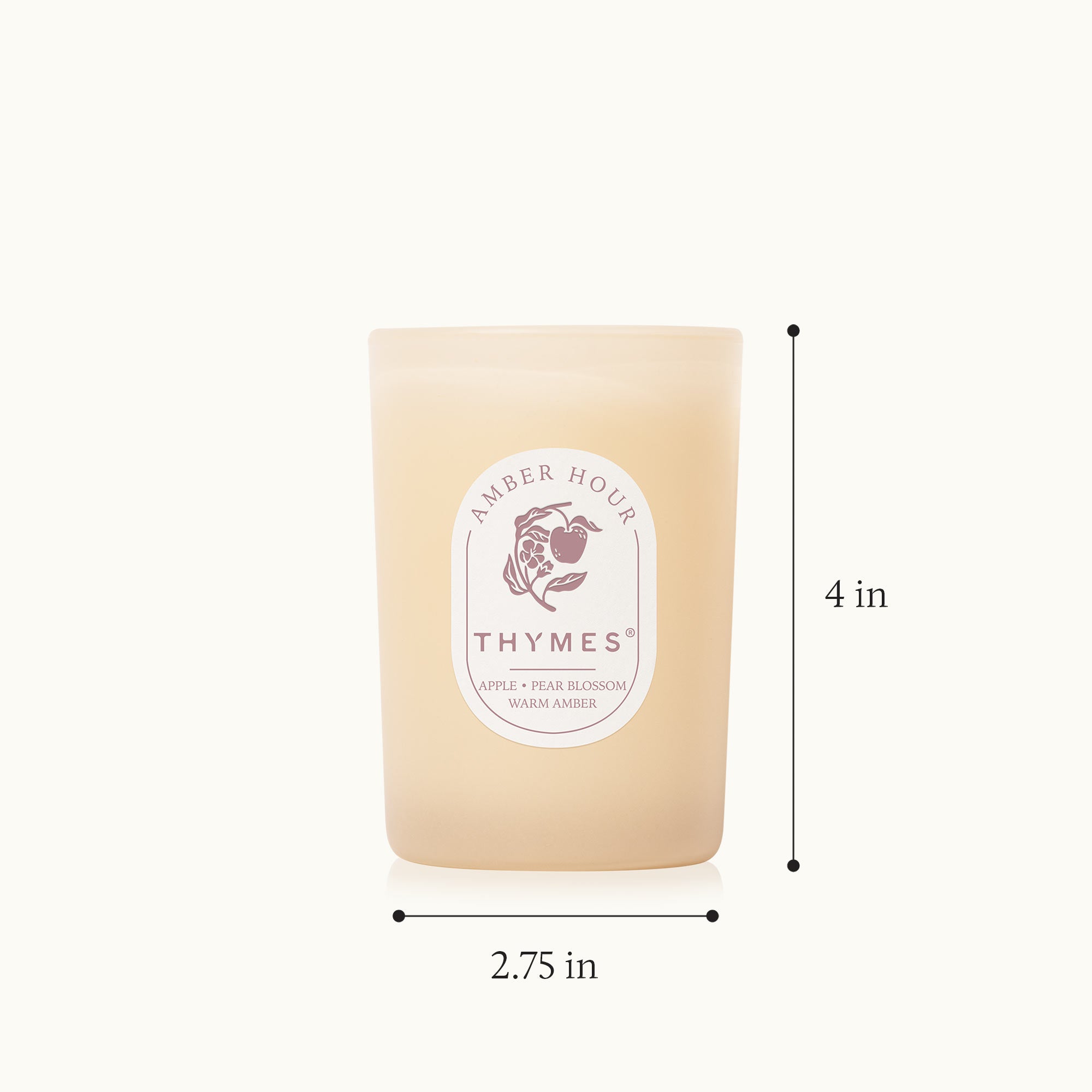 Thymes candle with dimensions labeled on a white background
