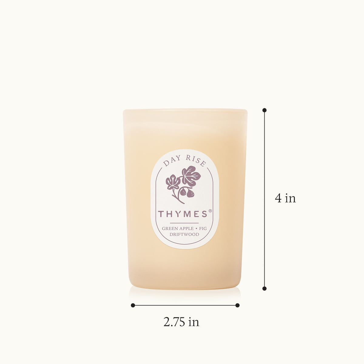 Thymes candle with dimensions labeled on a white background