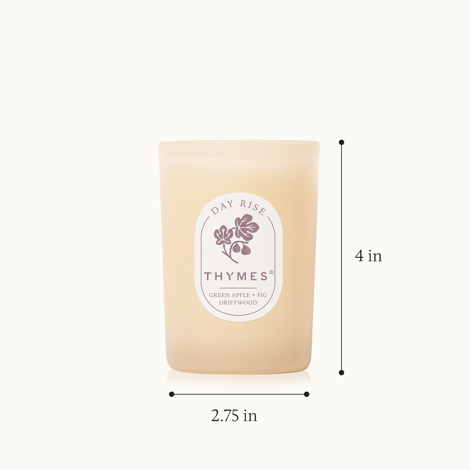 Thymes candle with dimensions labeled on a white background