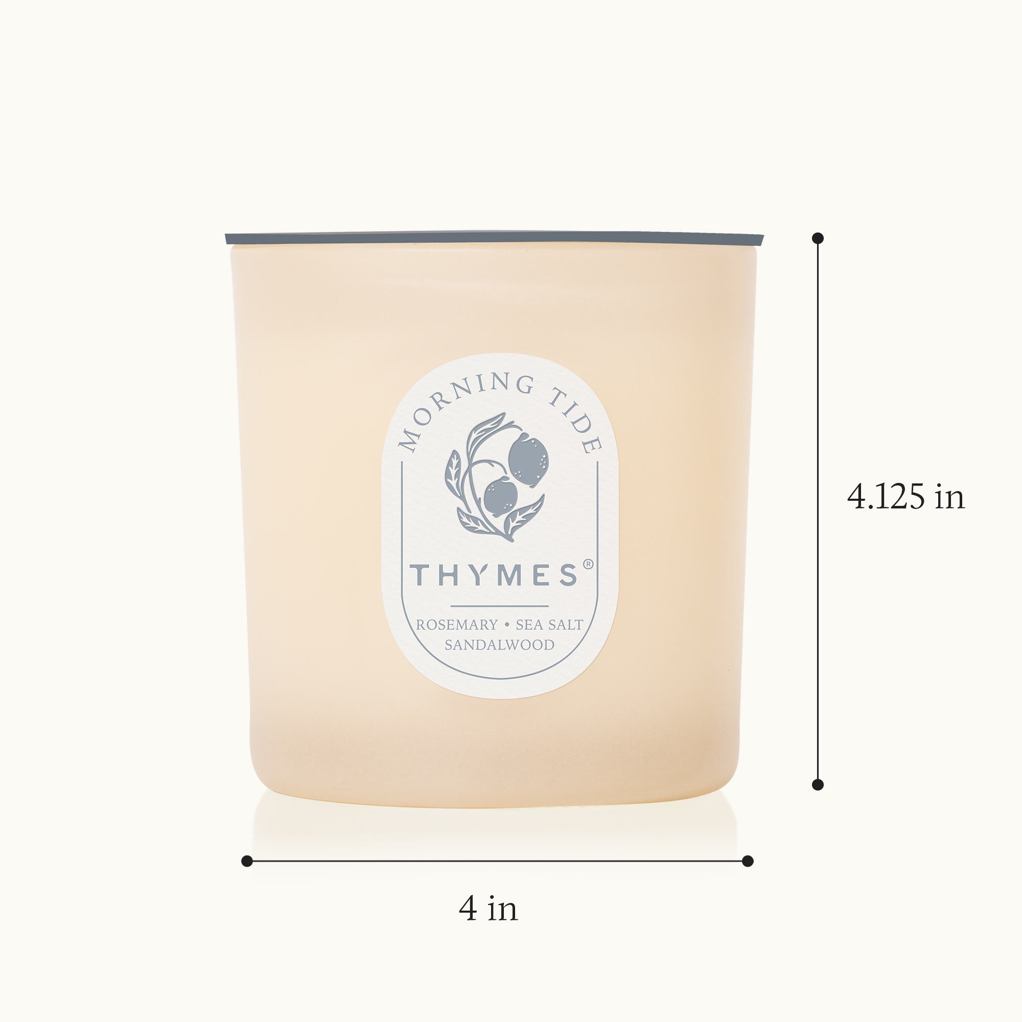 Thymes candle with dimensions labeled on a white background
