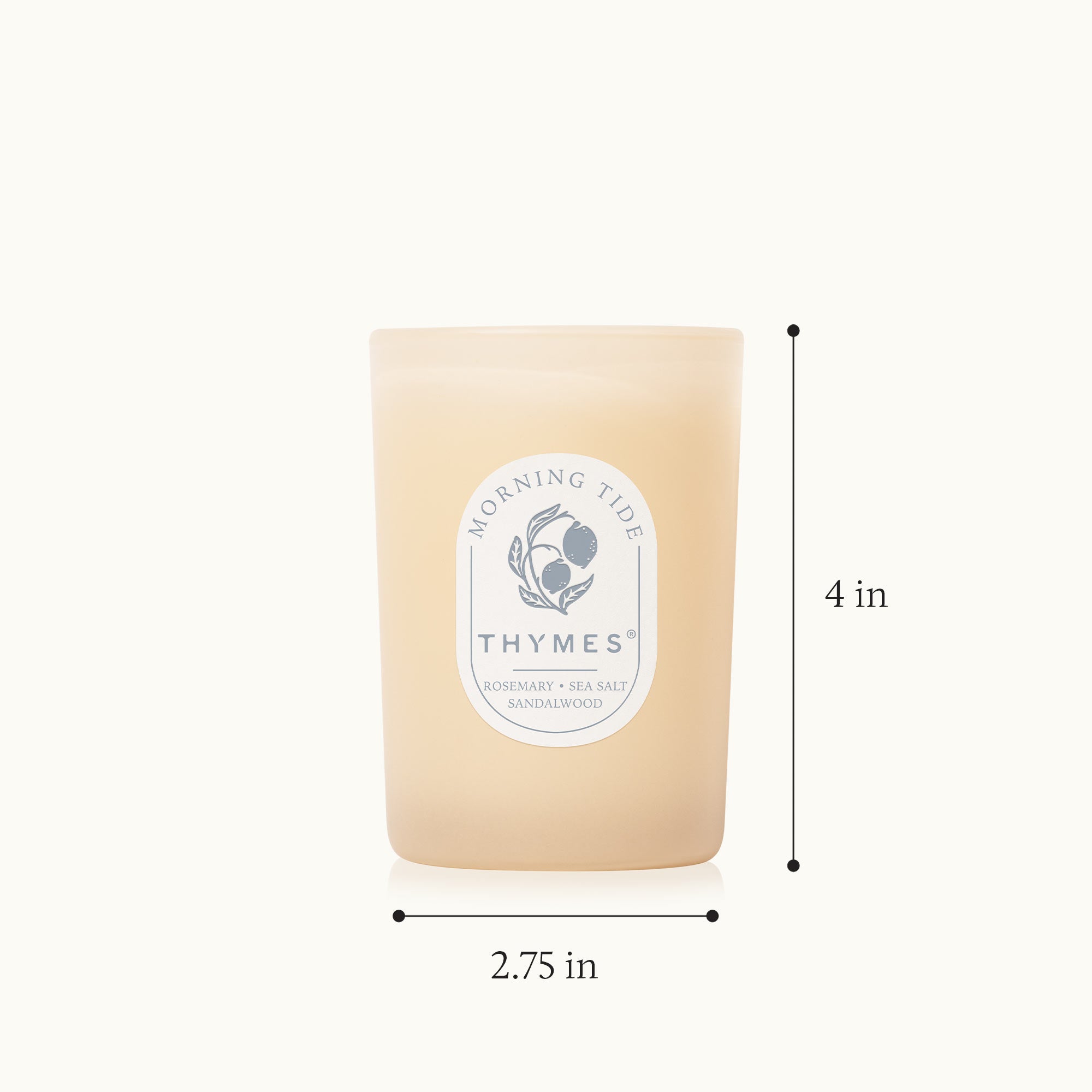 Thymes candle with dimensions labeled on a white background