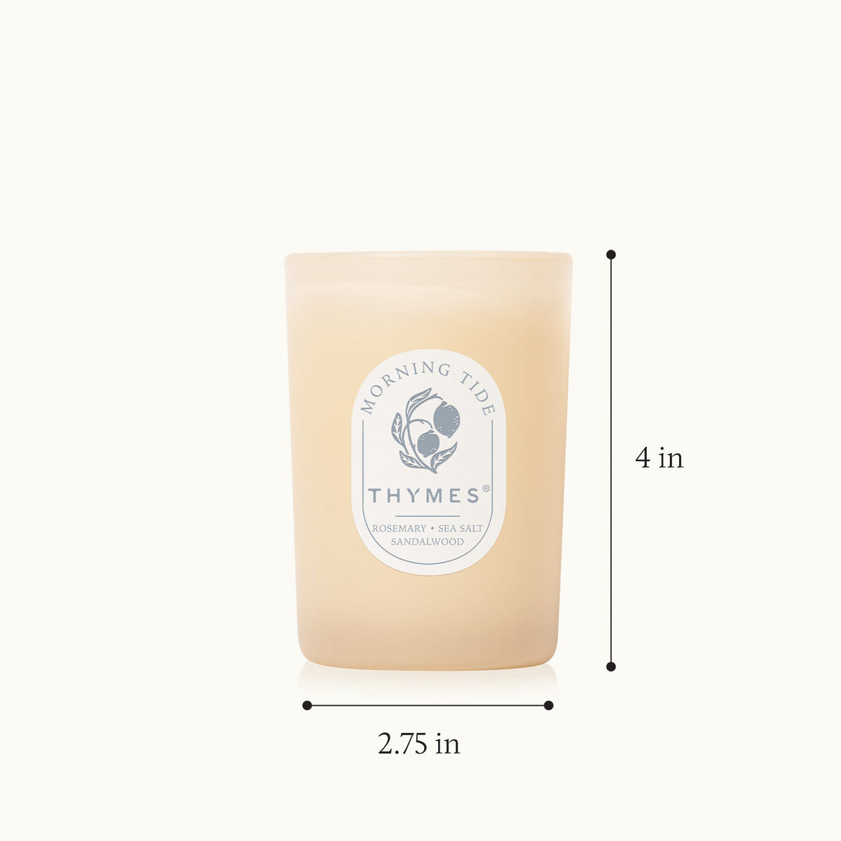 Thymes candle with dimensions labeled on a white background