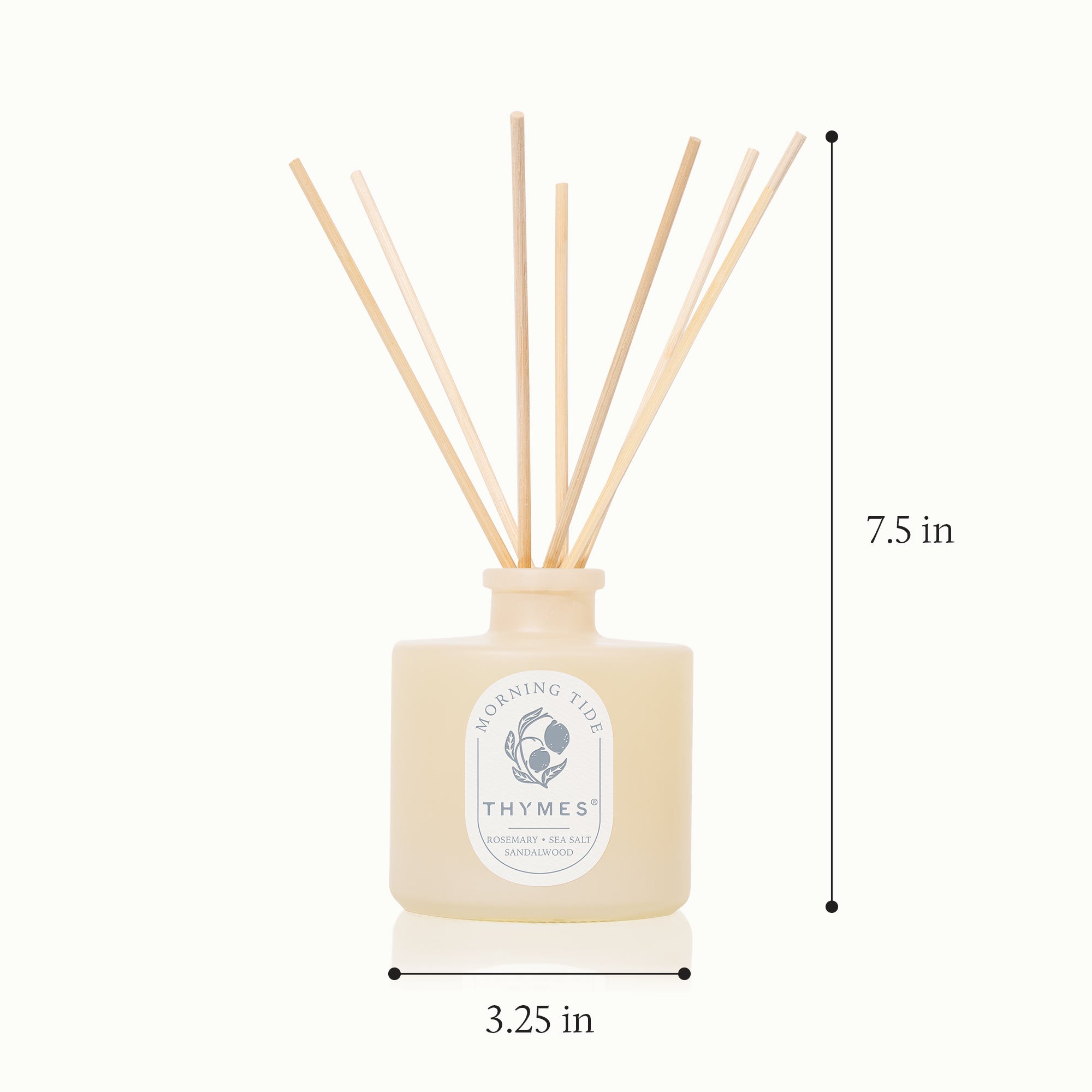 Thymes diffuser bottle with wooden sticks on a white background