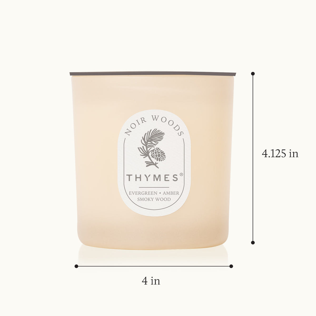 Thymes candle with dimensions labeled on a white background