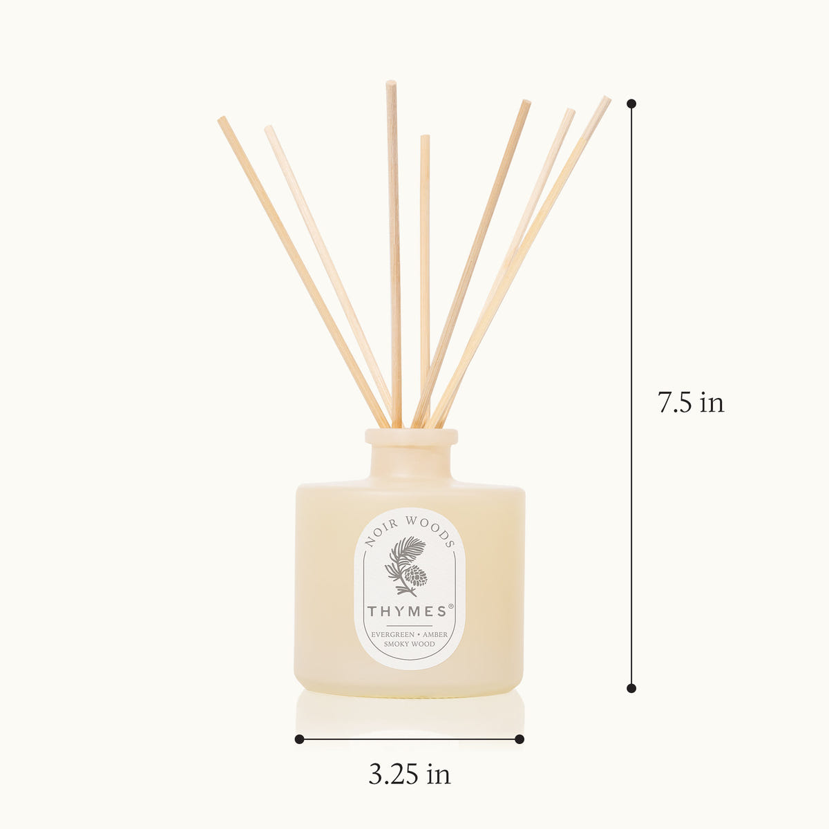 Thymes diffuser with reeds and dimensions on a white background