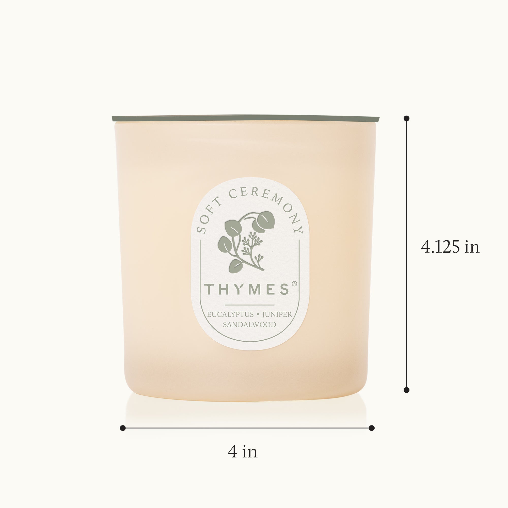 Thymes candle with dimensions labeled on a white background