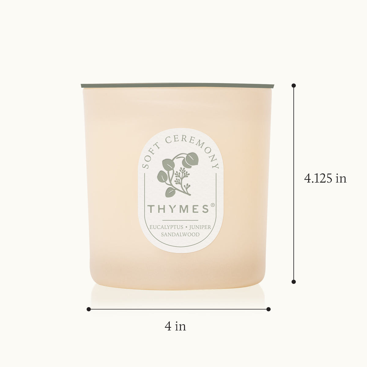 Thymes candle with dimensions labeled on a white background