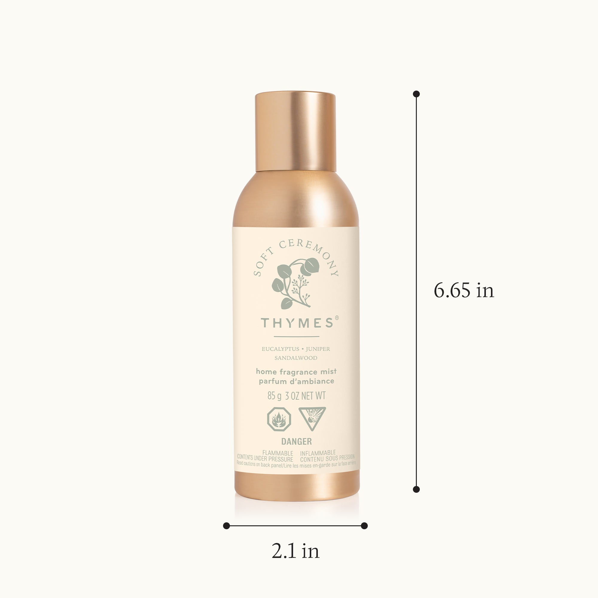 Thymes home fragrance mist bottle with dimensions on a white background
