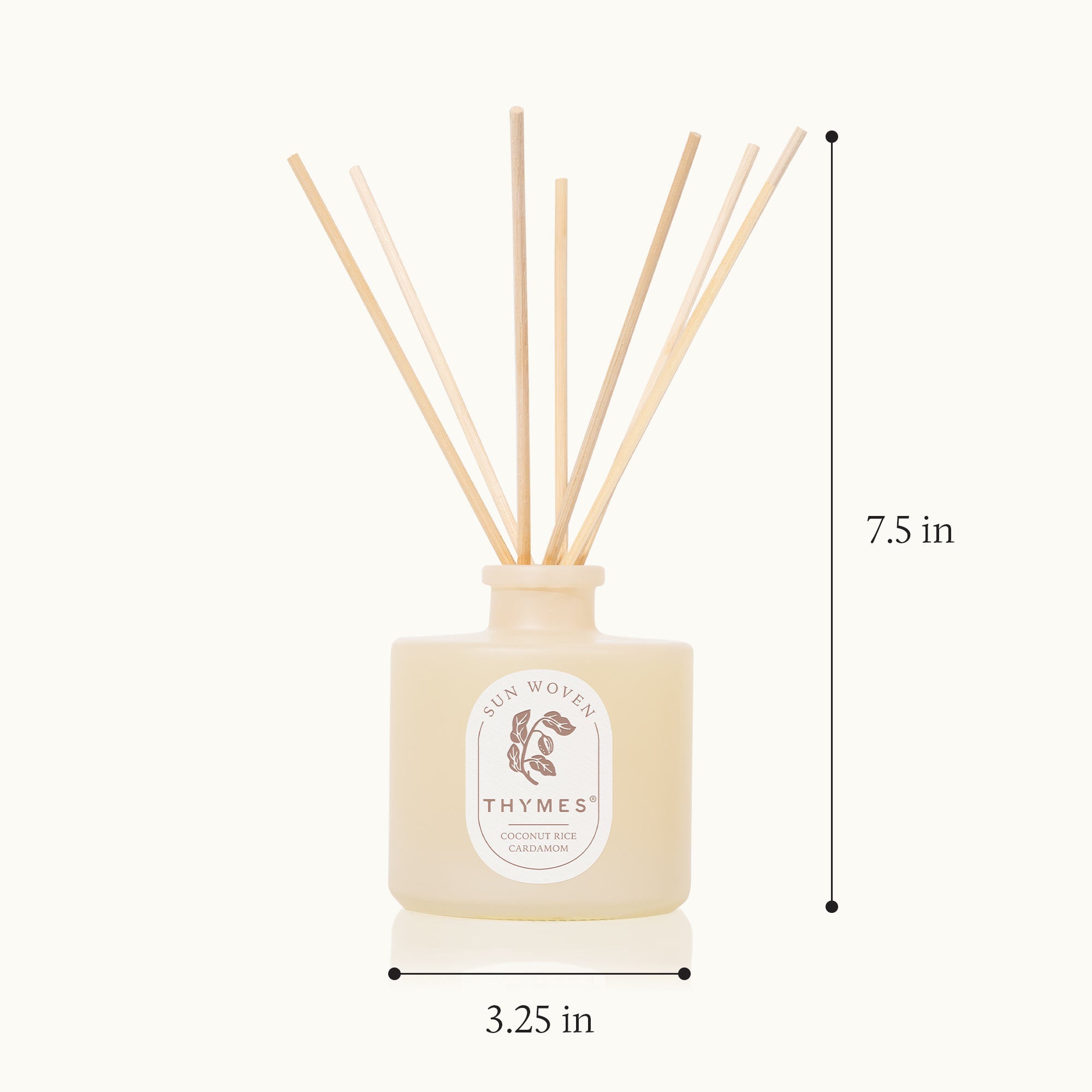 Thymes diffuser with reeds and dimensions on a white background