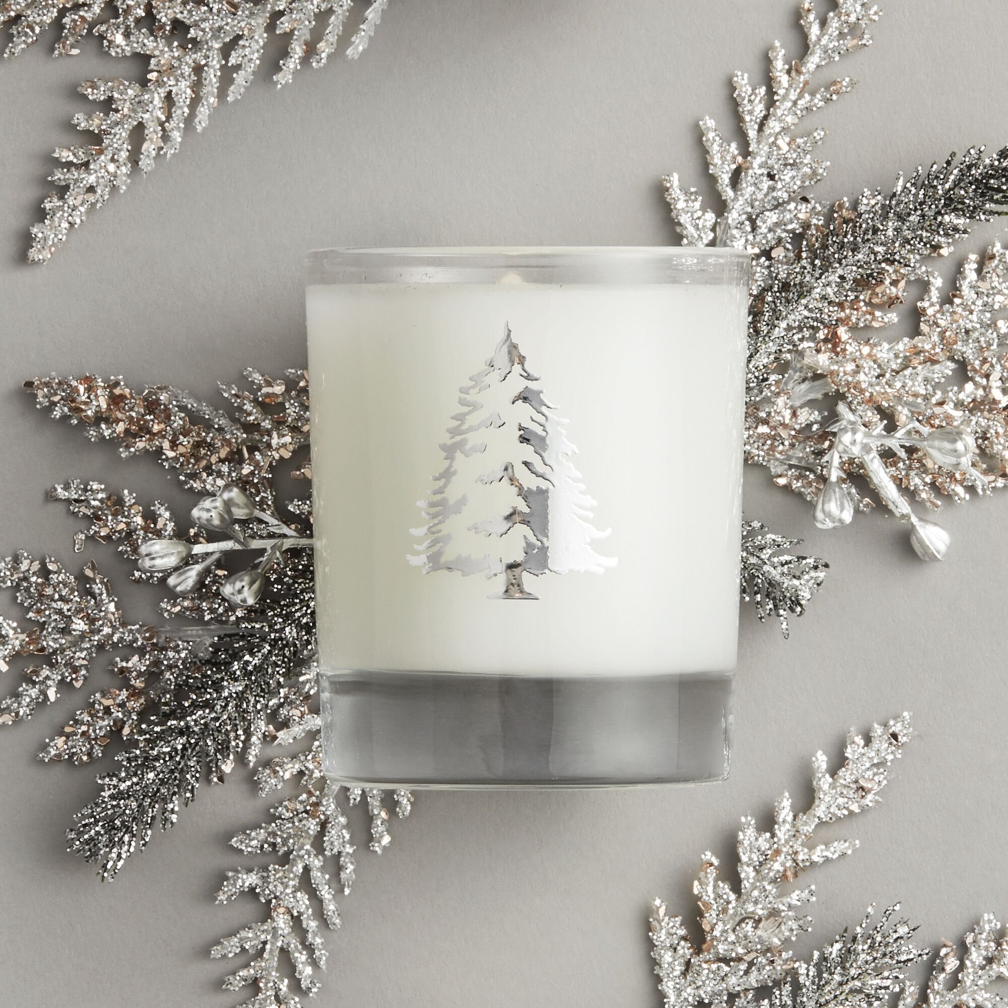 Frasier Fir Statement Tree Candle on Silver Cedar Sprigs