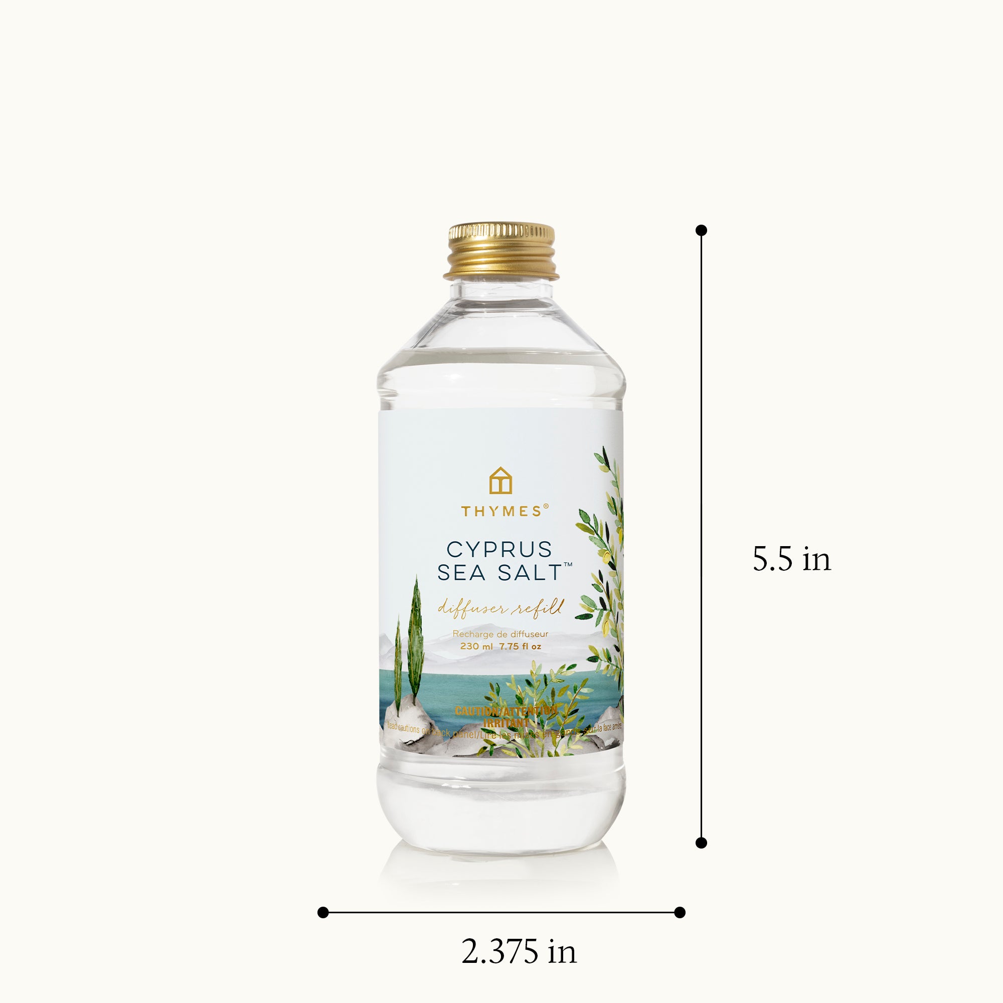 Thymes Cyprus Sea Salt diffuser refill bottle with dimensions on a white background