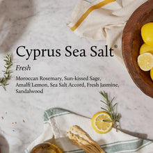 Advertisement for Cyprus Sea Salt with lemons, rosemary, and sage on a marble surface.