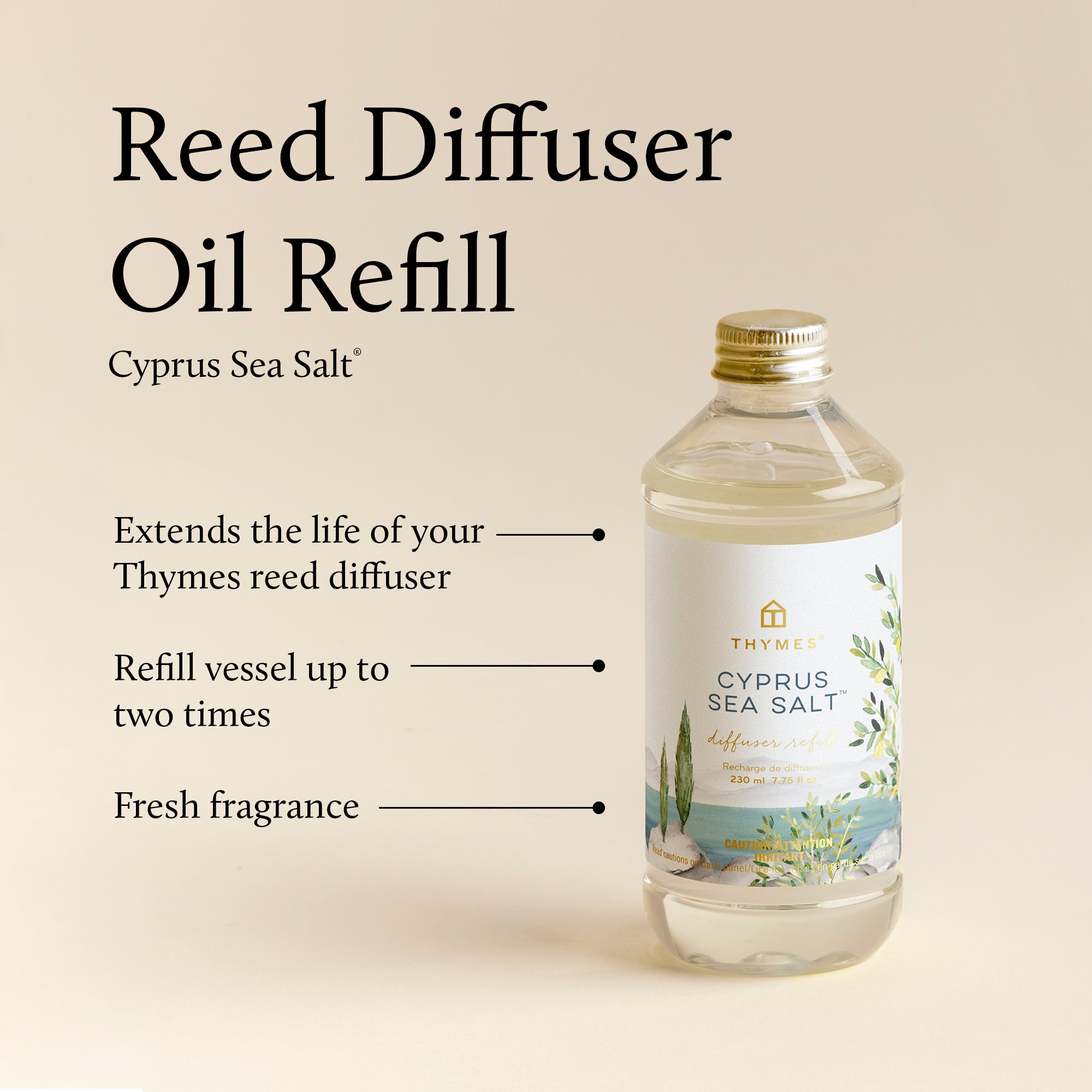 Thymes Cypress Sea Salt reed diffuser oil refill bottle on a beige background with text describing its features.