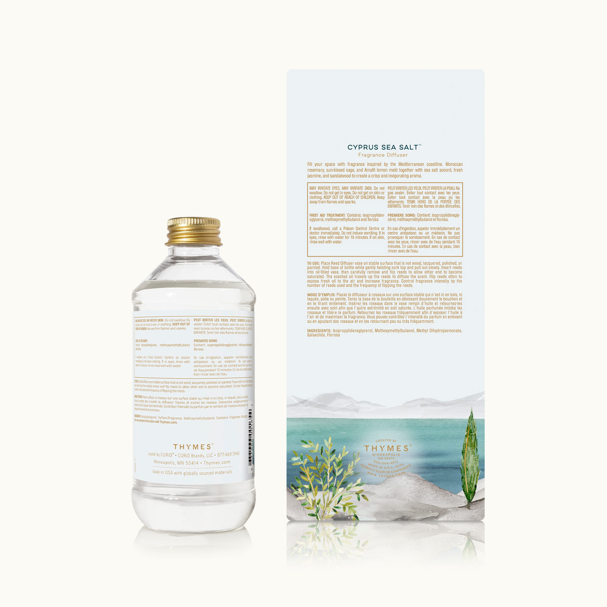 Thymes bottle of Cypress Sea Salt with packaging on a white background