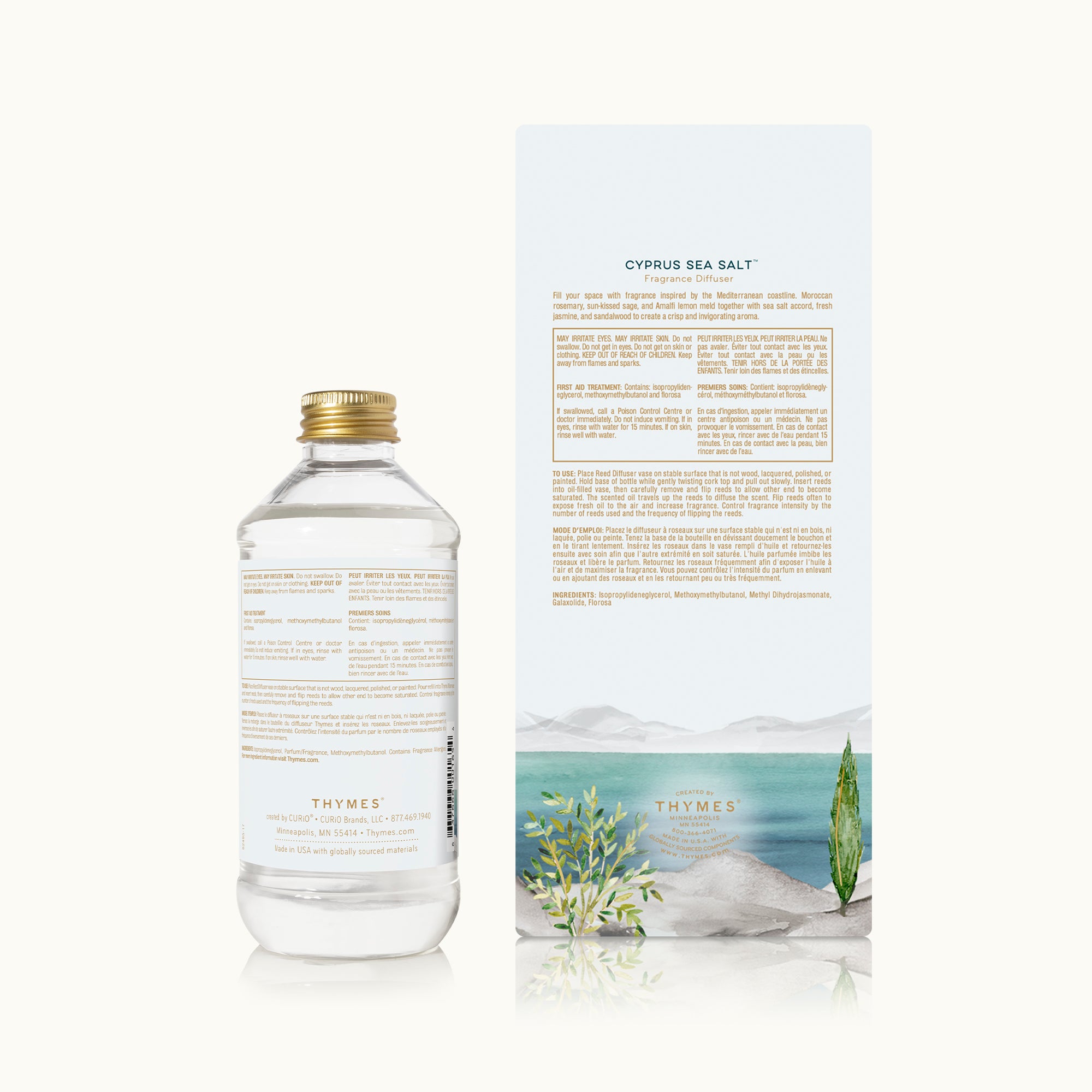Thymes bottle of Cypress Sea Salt with packaging on a white background