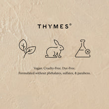 Thymes logo and icons on a beige background with text about product attributes.