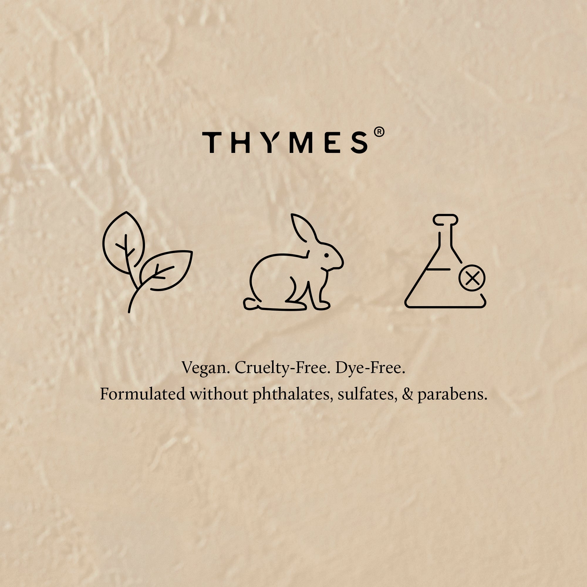 Thymes logo and icons on a beige background with text about product attributes.