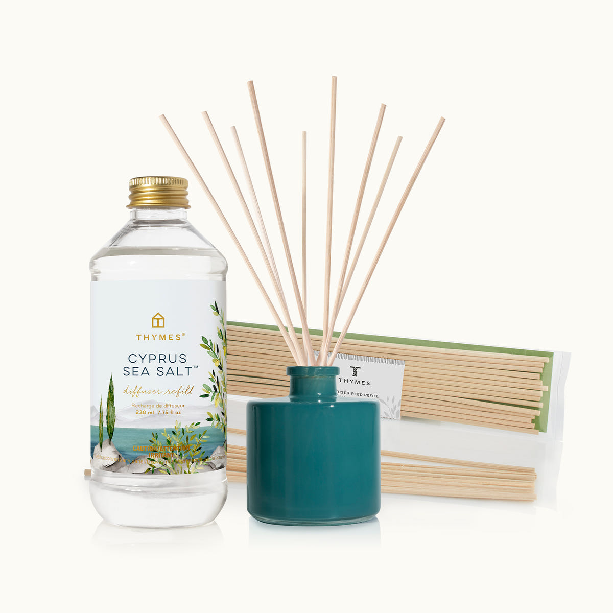 Thymes Cypress Sea Salt diffuser set on a white background