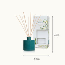 Teal diffuser bottle with wooden sticks and packaging on a white background