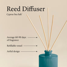 Reed diffuser with blue container and wooden sticks on a beige background