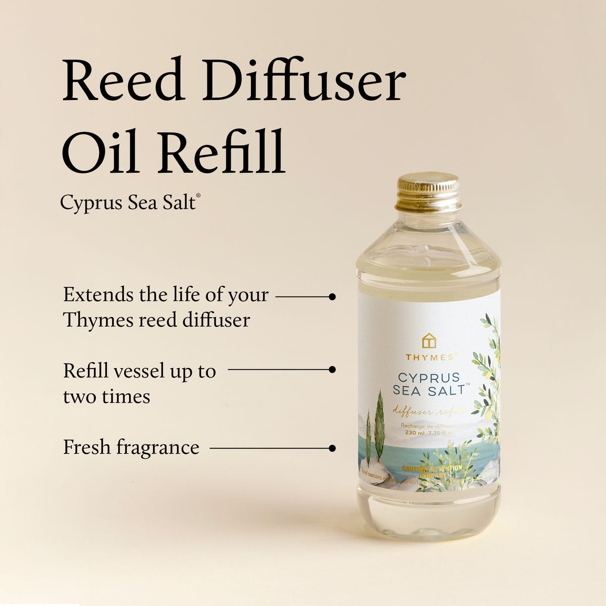 Thymes Cypress Sea Salt reed diffuser oil refill bottle on a beige background with text describing its features.
