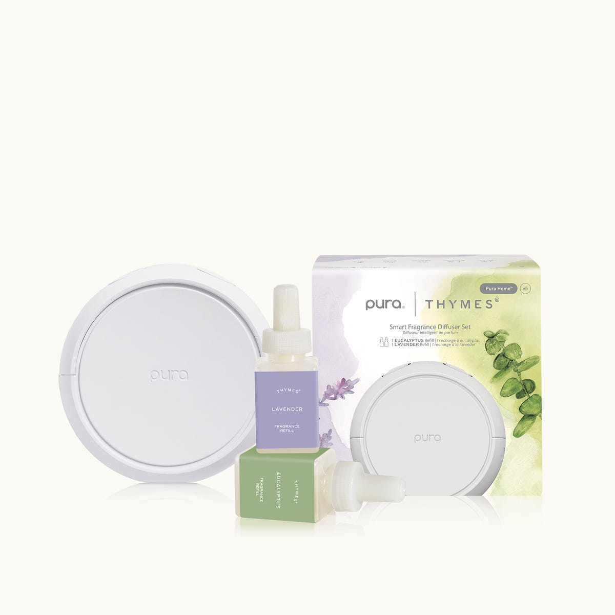 Pura diffuser set with bottle and packaging on a white background