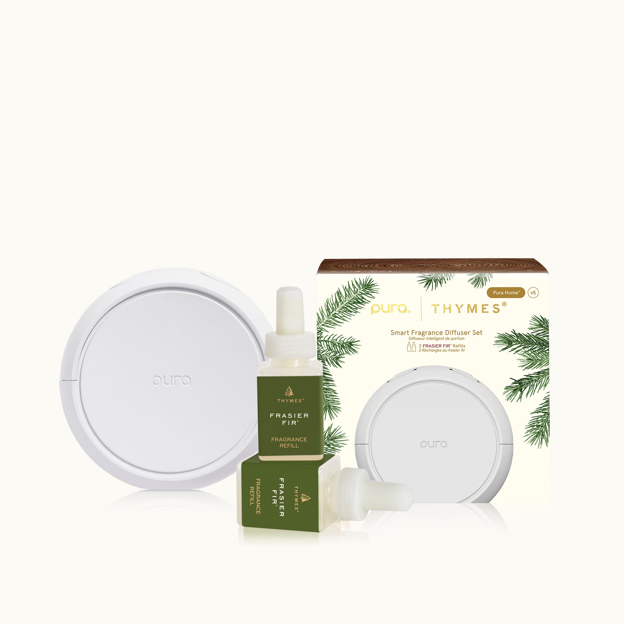 Pura and Thymes smart fragrance diffuser set on a white background