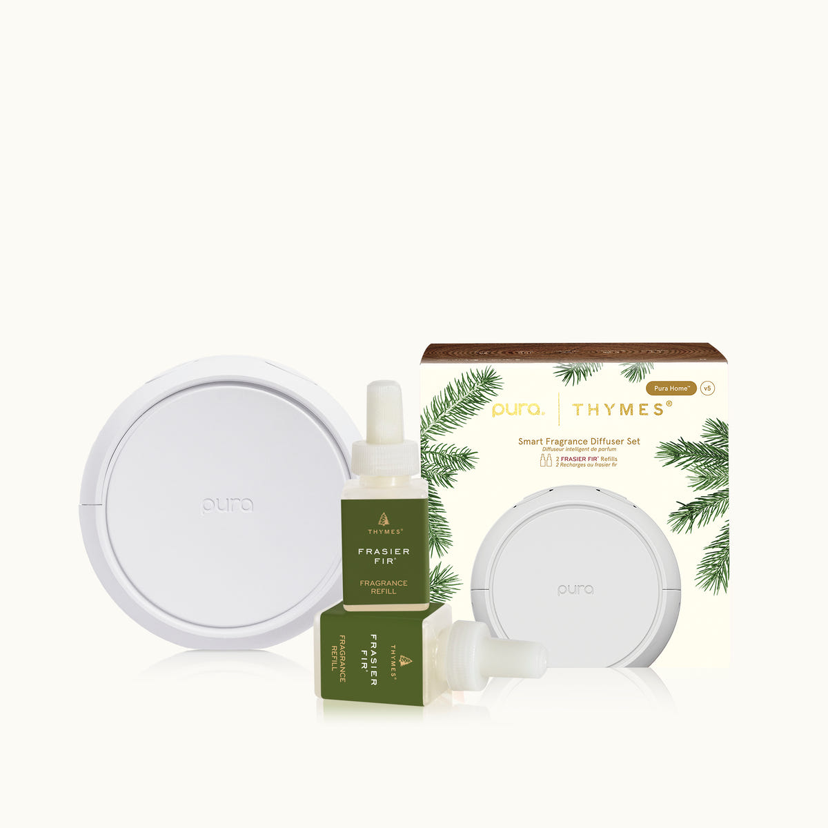 Pura and Thymes smart fragrance diffuser set on a white background