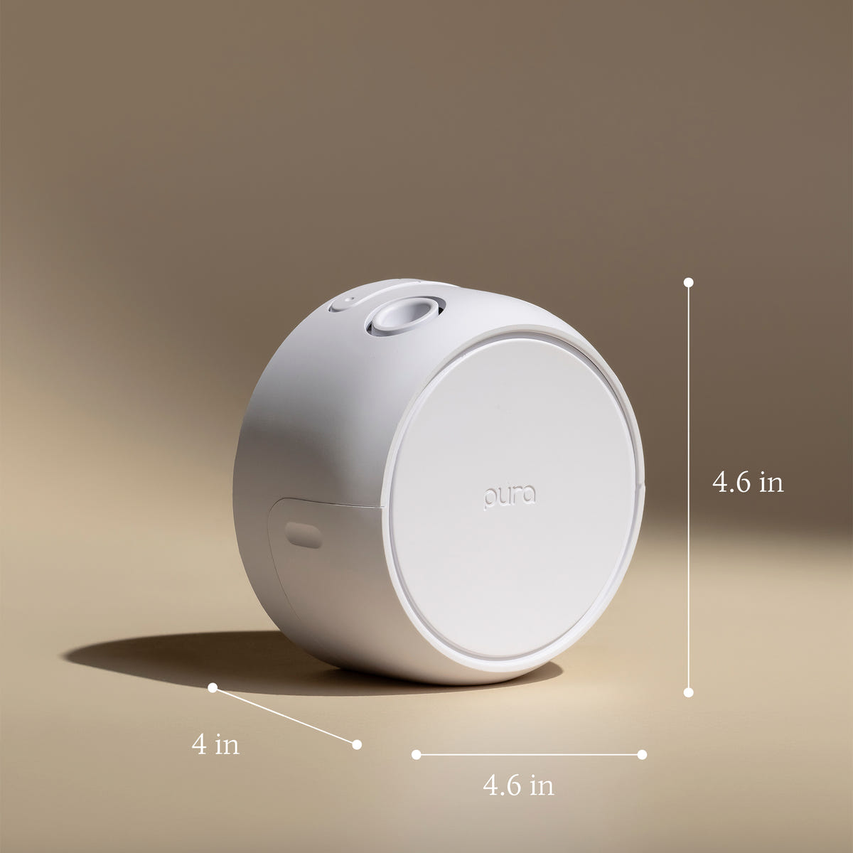 White cylindrical device with 'pura' branding, shown with dimensions on a beige background