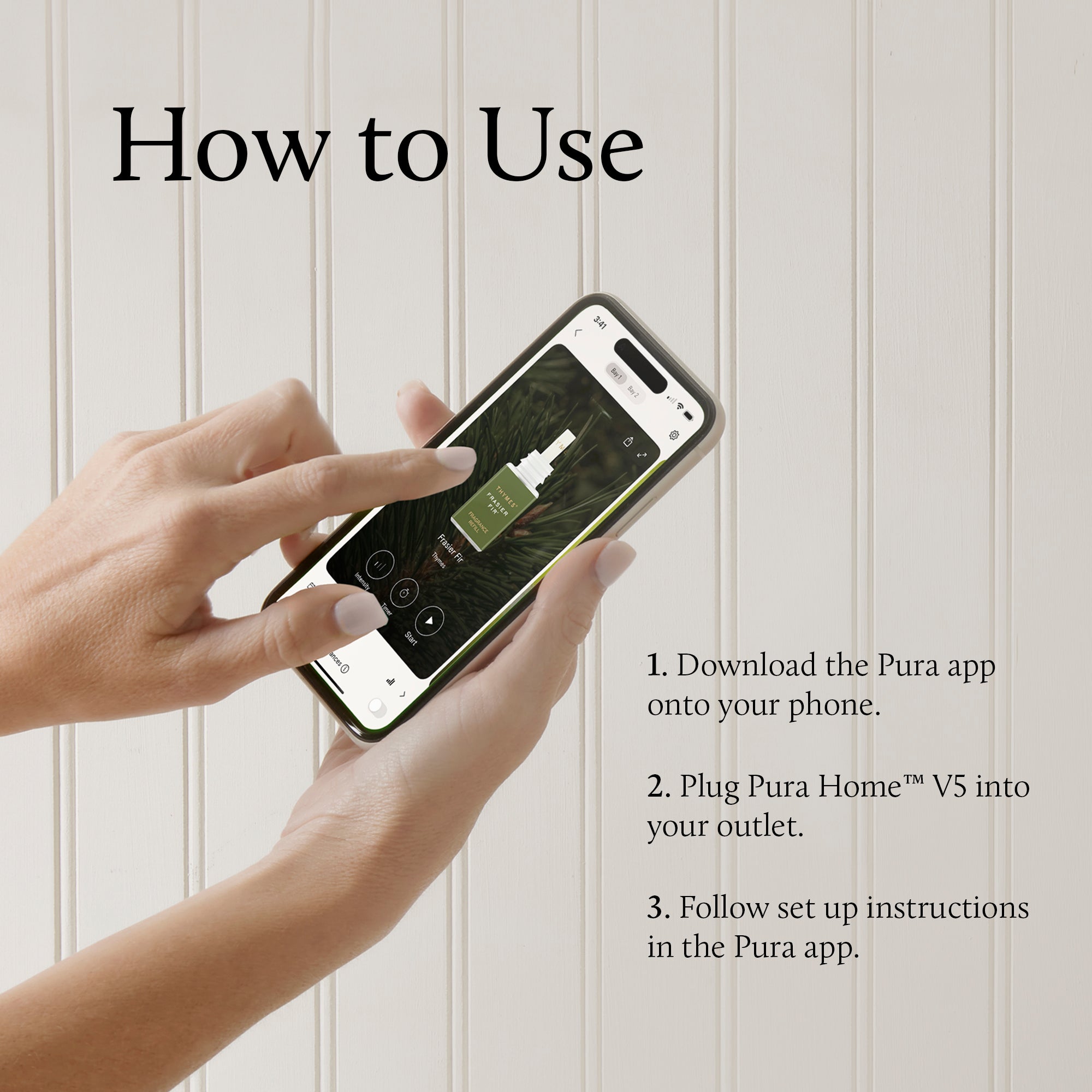 Hand holding a smartphone with an app interface, text on how to use Pura app and device.