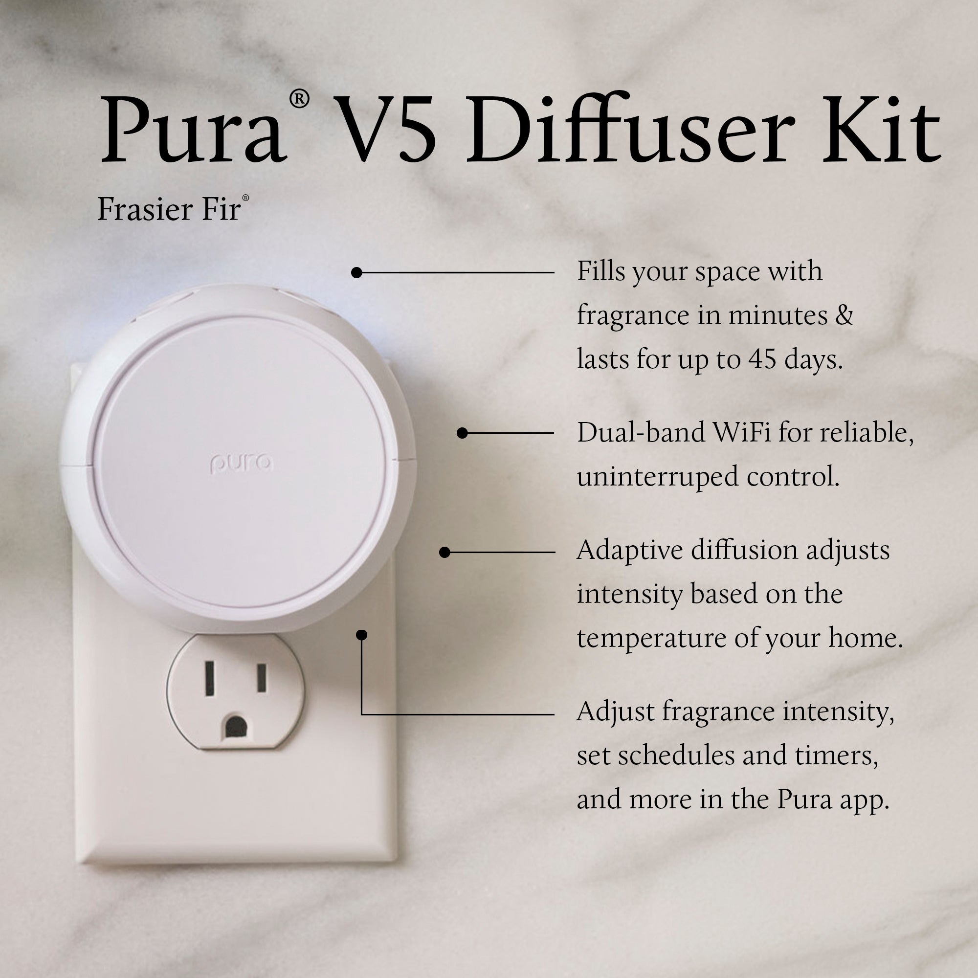Pura V5 Diffuser Kit on a light gray background with text detailing its features.