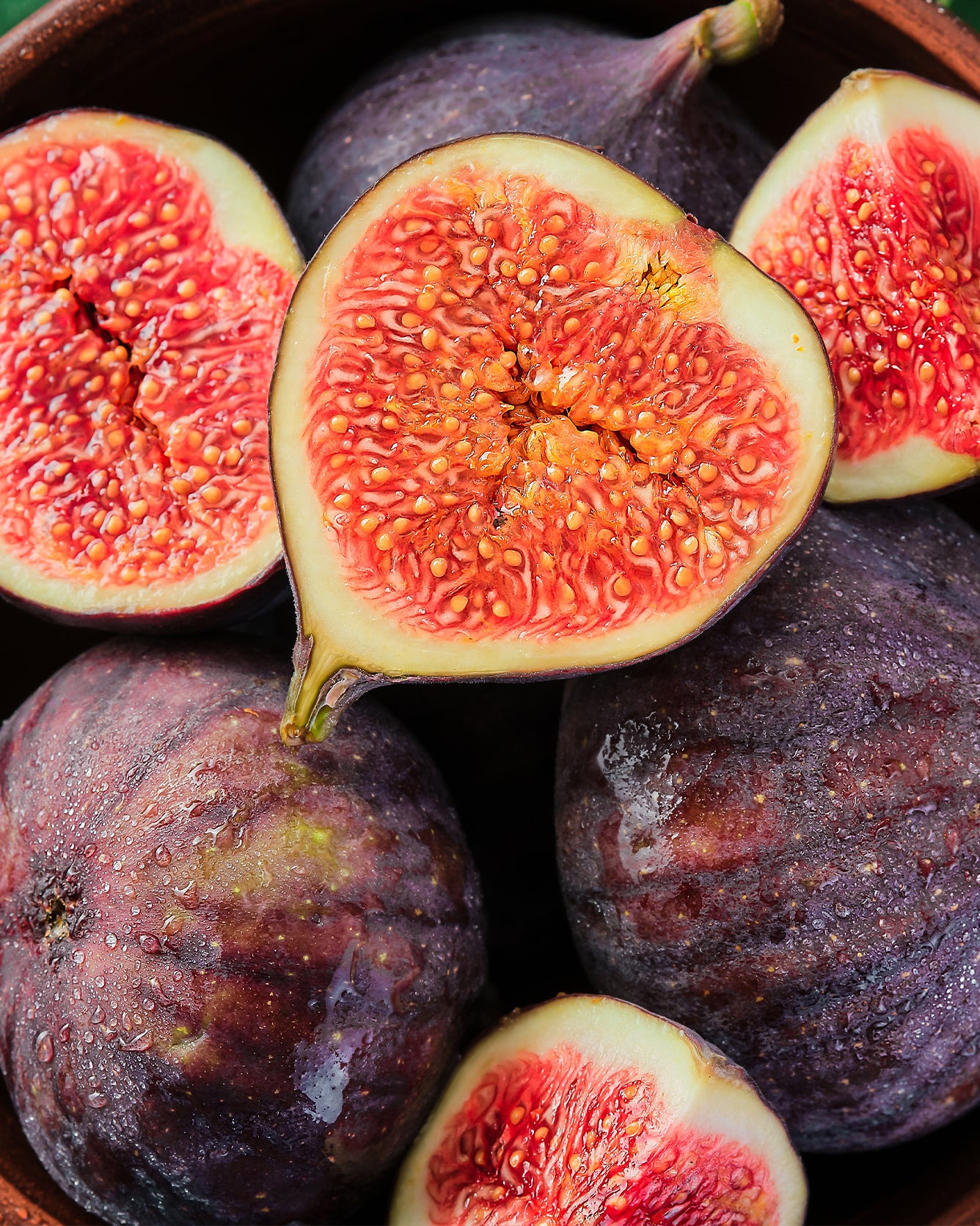 Close-up of halved figs with a focus on texture and color.