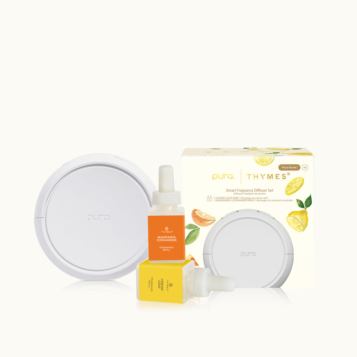 Outo diffuser with essential oil bottle and packaging on a white background