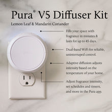 Pura V5 Diffuser Kit with features listed on a marble background