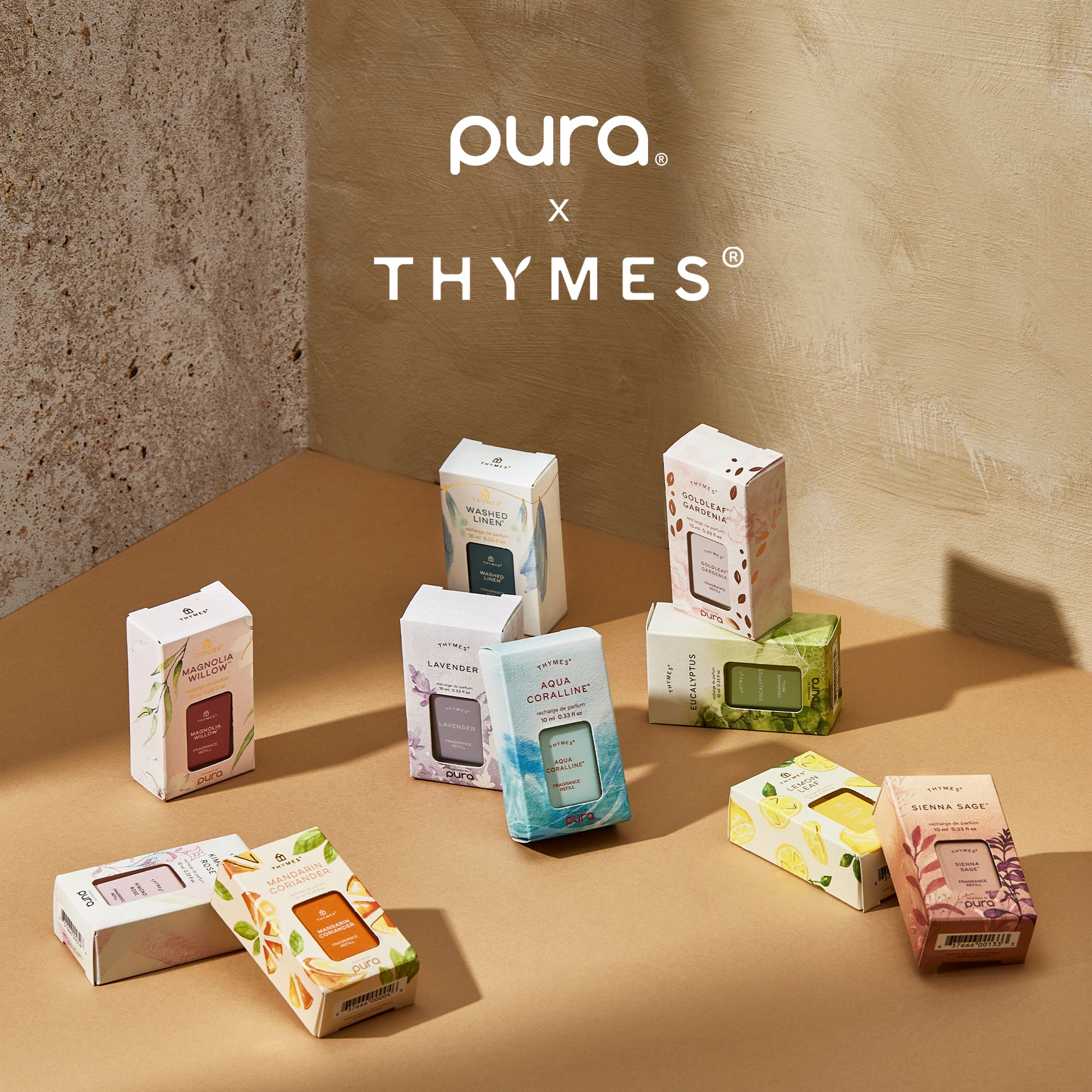 Collection of Thymes products on a brown surface with 'pura' branding.