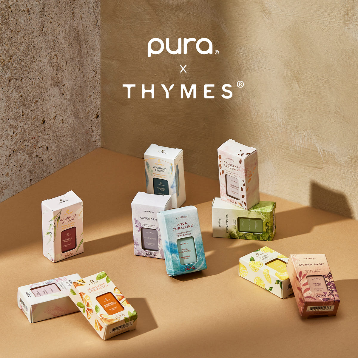Collection of Thymes products on a brown surface with 'pura' branding.