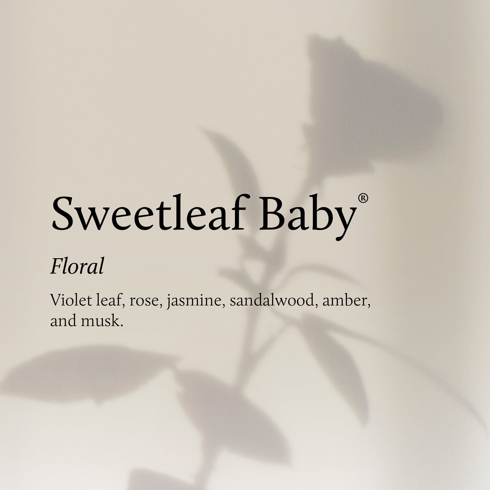 Silhouette of a flower with Sweetleaf Baby text and fragrance description