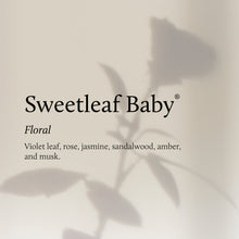 Silhouette of a flower with Sweetleaf Baby text and fragrance description
