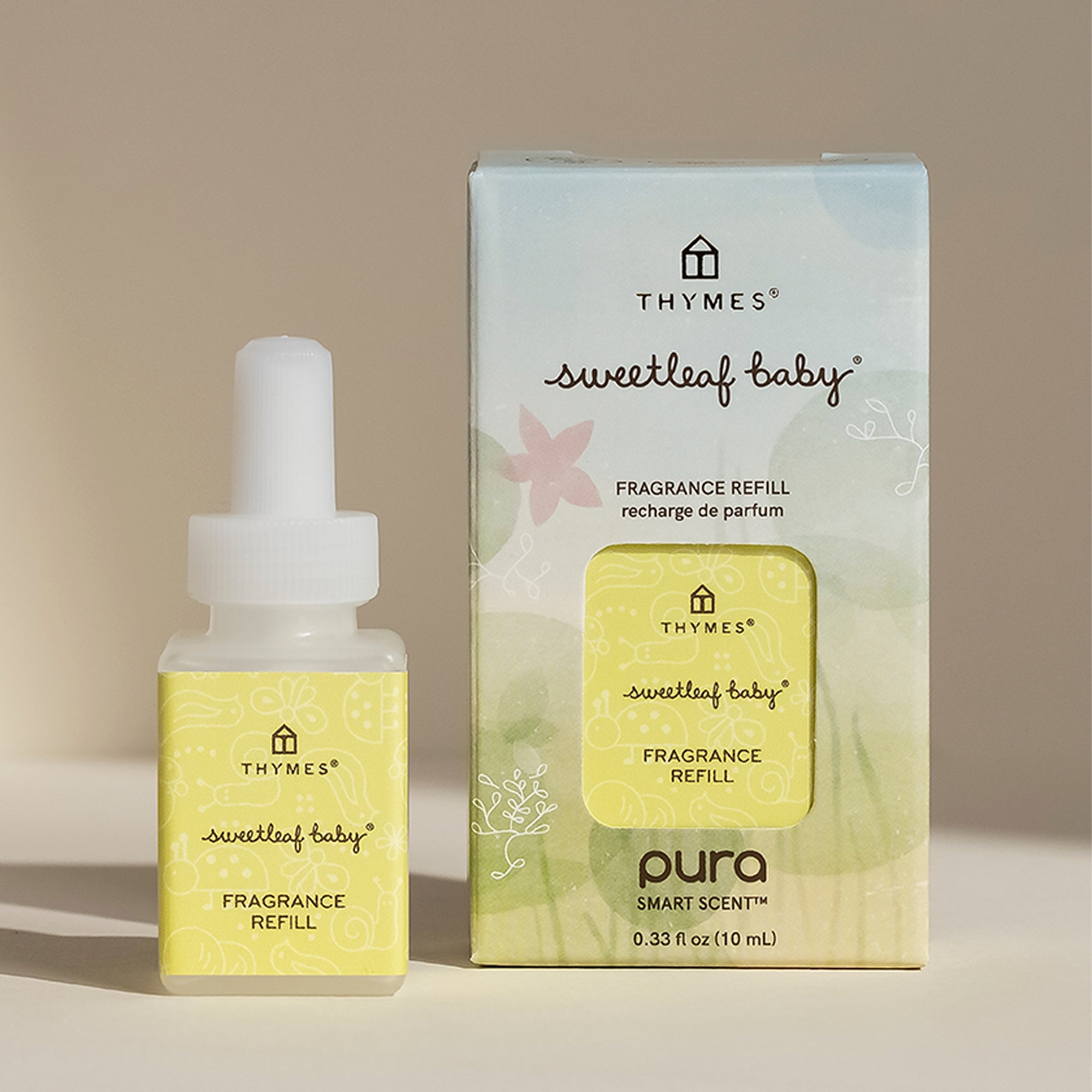 Thymes sweetleaf baby fragrance refill bottle and packaging on a neutral background