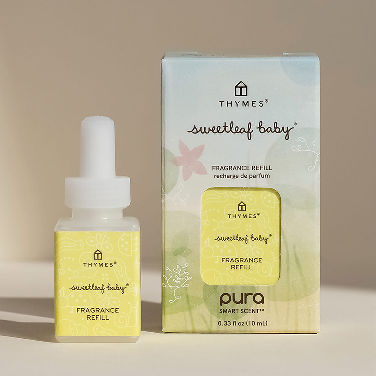 Thymes sweetleaf baby fragrance refill bottle and packaging on a neutral background