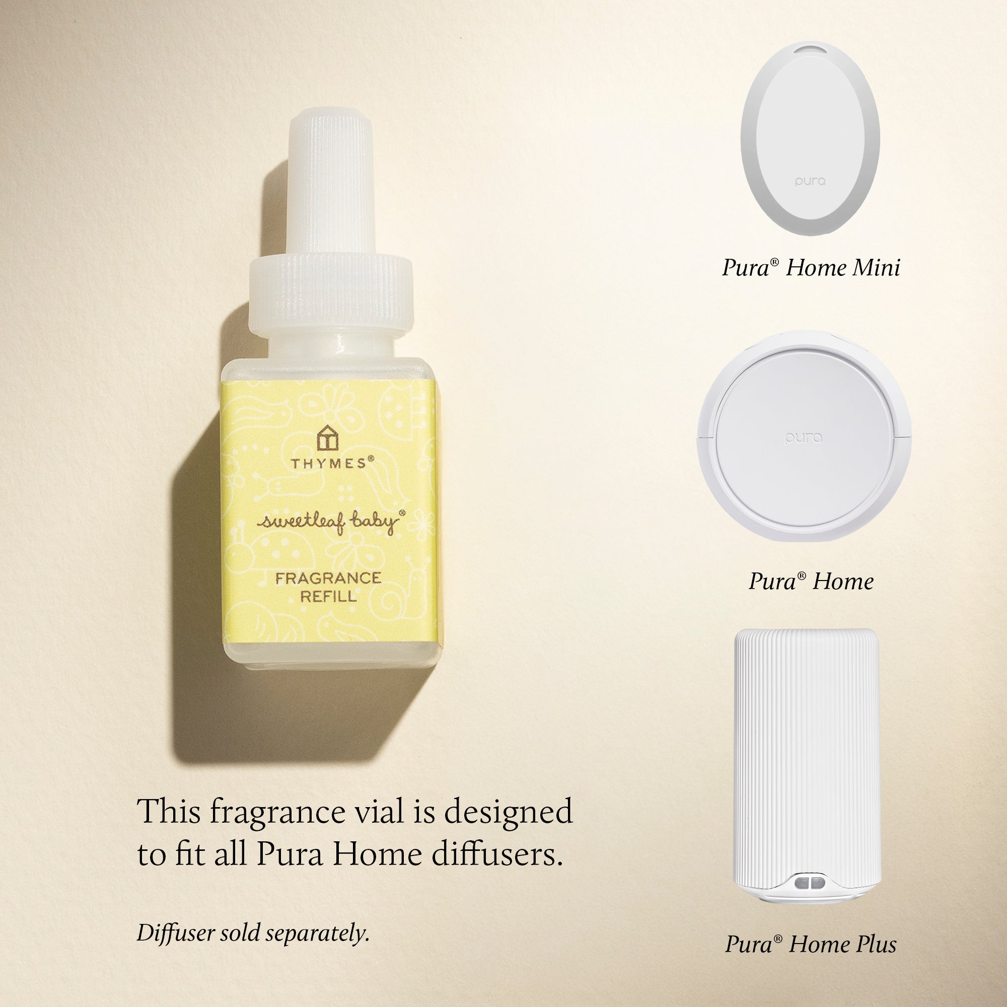 Thymes sweetleaf baby fragrance refill bottle with Pura Home diffuser models on a beige background