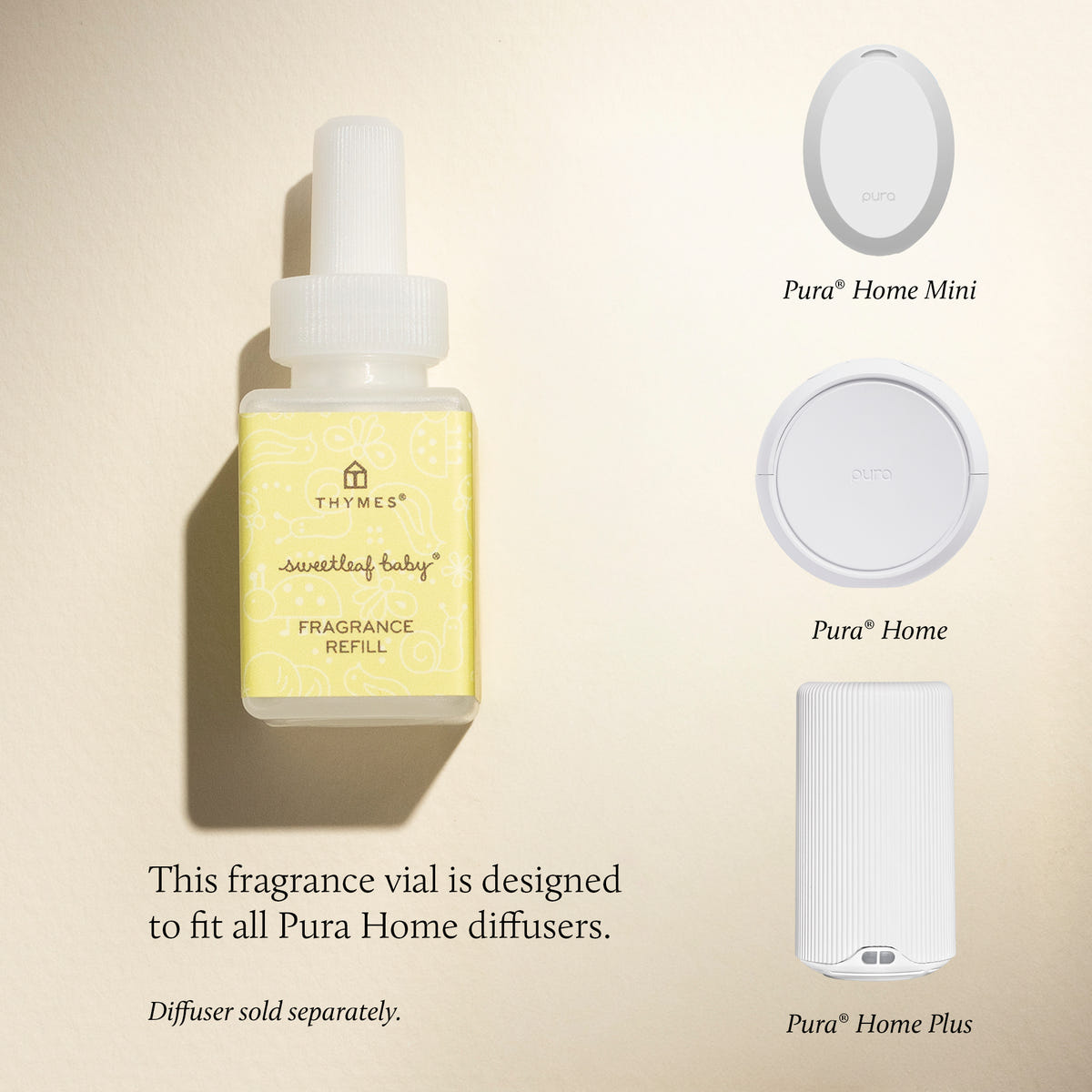Thymes sweetleaf baby fragrance refill bottle with Pura Home diffuser models on a beige background