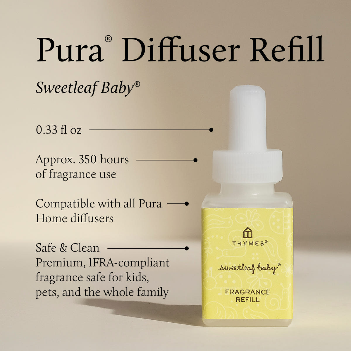 Pura Diffuser Refill bottle with product details on a beige background