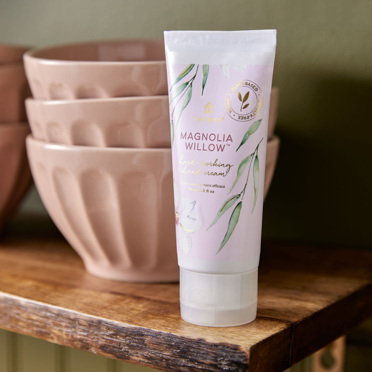 Alternate image of Thymes Magnolia Willow Hard-Working Hand Cream on a shelf with bowls