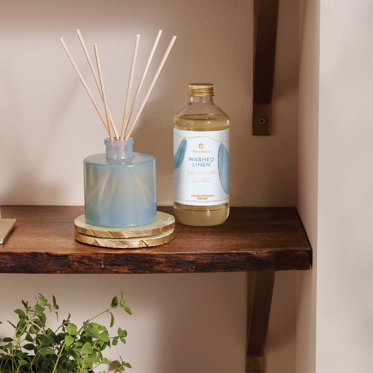 Alternate image of Washed Linen Reed Diffuser Refill & petite diffuser on a shelf