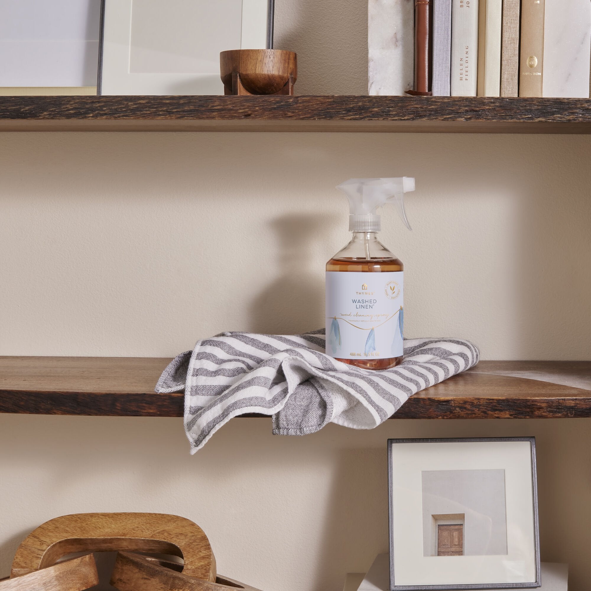 Thymes Washed Linen Wood Cleaning Spray on shelf