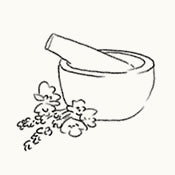 Black and white illustration of a mortar and pestle with herbs.