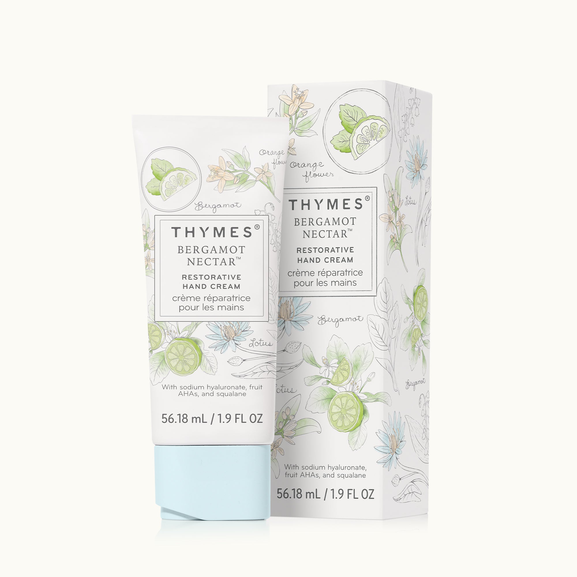 Thymes Bergamot Nectar hand cream packaging on a white background